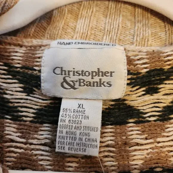Vintage 90s Christopher & Banks Tan Green Southwestern Knit Quarter Zip Sweater - Picture 7 of 10